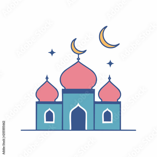 Stylized Mosque with Crescent Moons and Stars