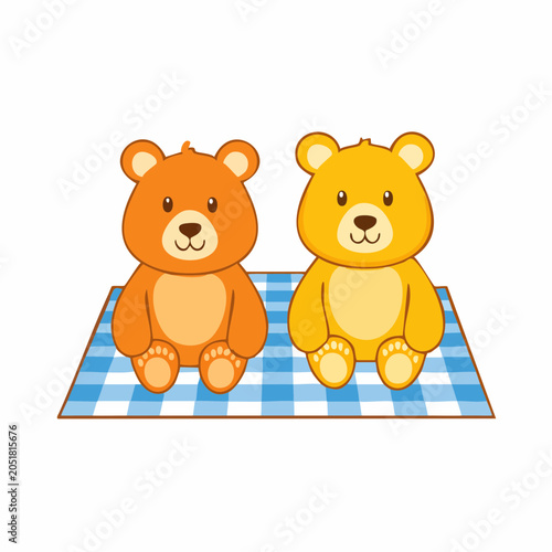 Two cartoon teddy bears sitting on a picnic blanket