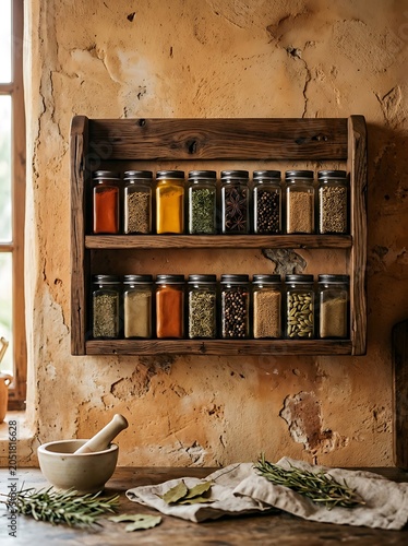 Rustic Wooden Spice Rack with Assorted Jars of Colorful Spices