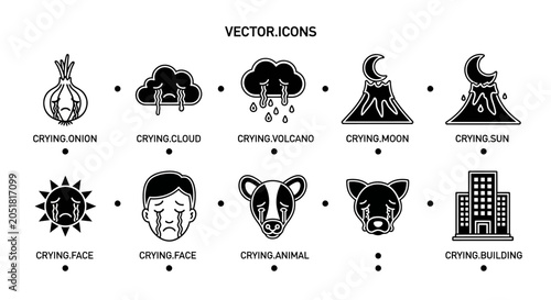 Photos Vector Icons: Crying Onion, Cloud, Volcano, Moon, Sun, Face, Animal, Building