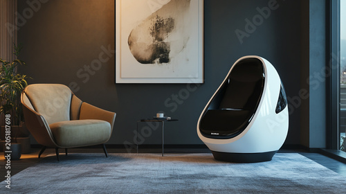 Futuristic egg-shaped isolation sleep pod in modern living room with high tech futuristic relaxation furniture interior technology wellness
