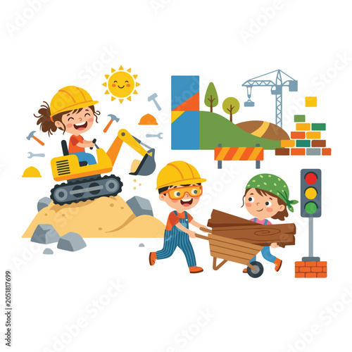 Bilde på lerret This colorful cartoon illustration shows cheerful children role-playing as construction workers with an excavator, wheelbarrow, and bricks