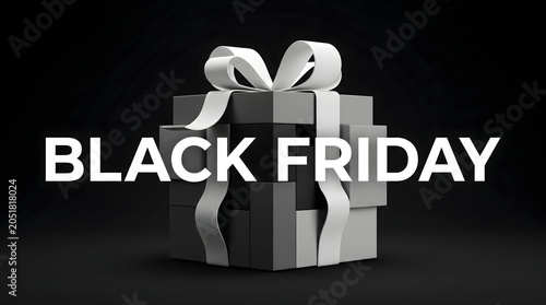 Minimalist 3D black friday gift box banner featuring white ribbon and elegant dark background design for retail promotion sales