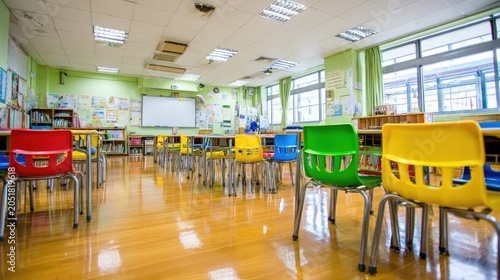 Bright classroom interior with colorful chairs and wooden floor