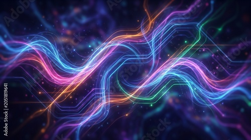 Vibrant colorful fluid waves create an abstract explosion of light with dynamic splashes and movements in a digital artwork.