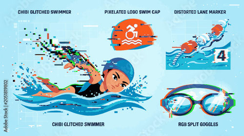 Glitch Art Style Swimming Elements Collection with Swimmer Goggles and Lane Marker.