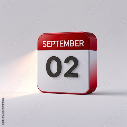 3d rendering of a calendar icon showing september 2nd isolated on white background