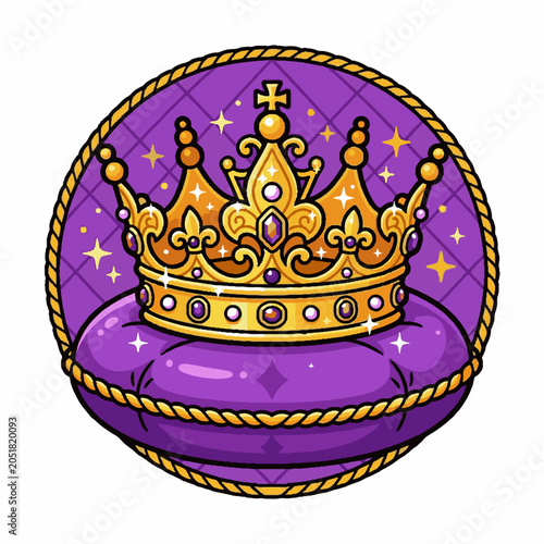 Ornate golden royal crown resting on a plush purple velvet pillow.
