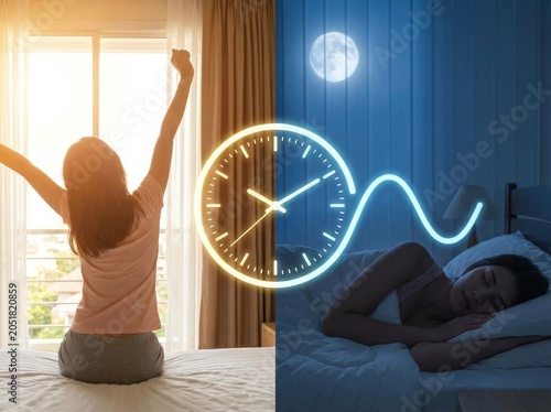 Woman waking up in sunny bedroom and sleeping in dark night bedroom. Concept of biological clock, circadian rhythm and sleep cycle. Comparison of morning routine and night rest time.