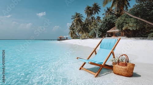 Tranquil beach scene with lounge chair turquoise water palm trees and clear sky