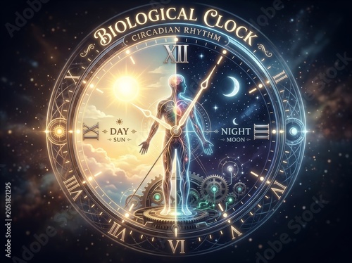 Biological clock with human silhouette representing circadian rhythm. Day and night cycle concept with sun and moon phases. Human body physiology and health regulation in time concept.
