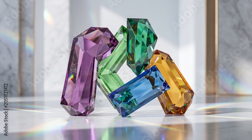Vibrant colorful crystals arranged on reflective surface with bokeh lights