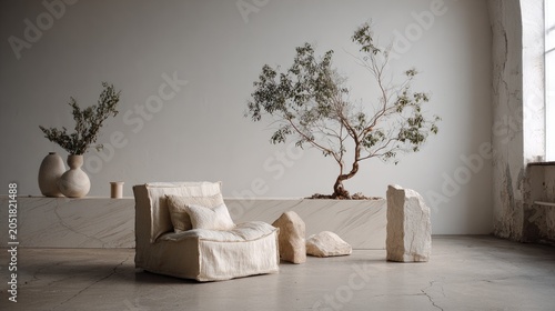 Minimalist interior design featuring chair tree and decorative elements in a neutral space