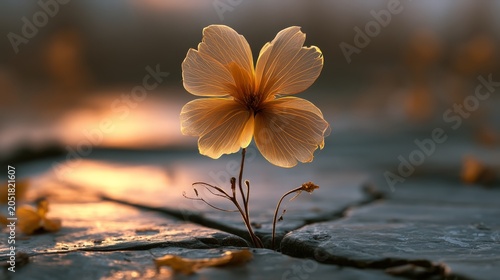 Resilience Blooming: A solitary delicate flower, bathed in the golden light of dawn, pushes through a cracked pavement, symbolizing hope and tenacity in the face of adversity.