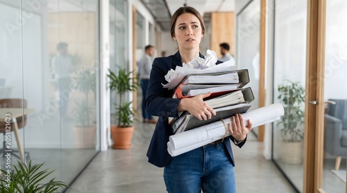 Stressed Professional Employee Carrying Heavy Stack of Documents and Paperwork Through Office Corridor