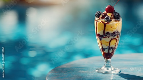 Delicious layered dessert with fruits on table near pool area