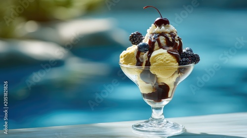 Delicious ice cream sundae with berries and chocolate sauce against a blurred background