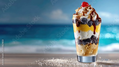 Delicious layered dessert with whipped cream and cherry on beach background