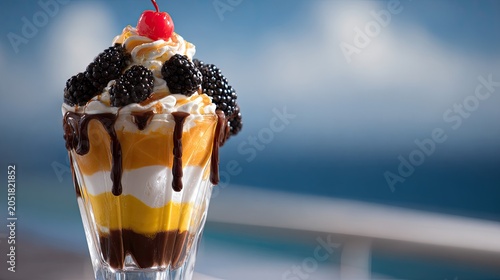 Delicious layered sundae with whipped cream berries and cherry on a summer day