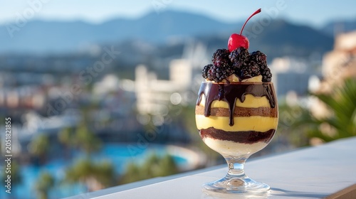 Delicious dessert in a glass with berries against blurred mountain background