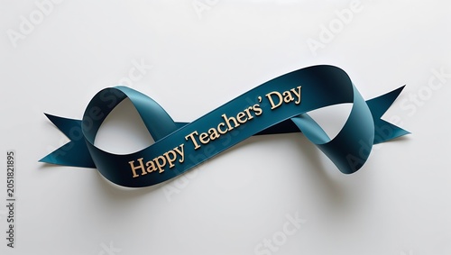 Happy teachers day text on a dark blue ribbon isolated on white background