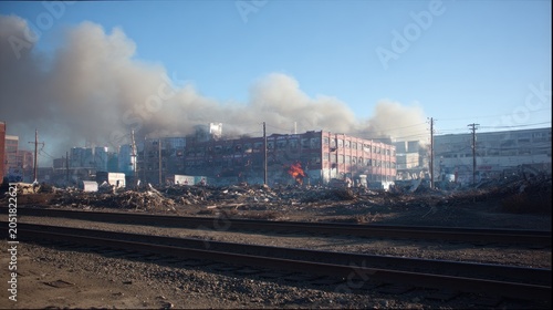 Industrial building engulfed in flames with billowing smoke under clear sky