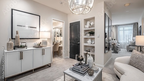 Modern interior design stylish living room with neutral colors and decorative elements