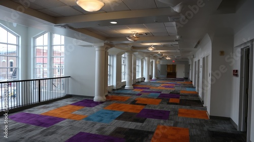 Interior hallway with columns large windows and colorful patterned carpet
