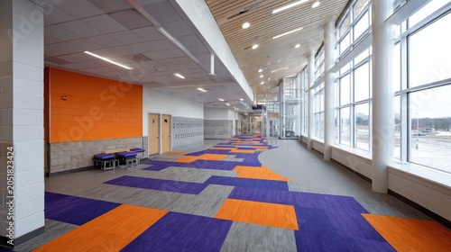 Modern interior architecture hallway with bold color accents and natural light