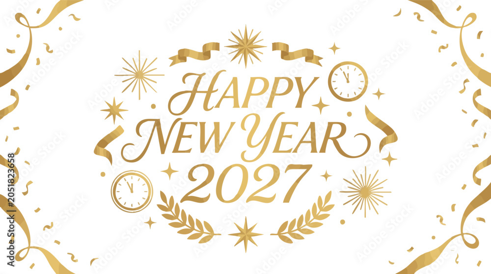 Obraz premium Elegant Gold Happy New Year 2027 Text with Confetti and Clocks