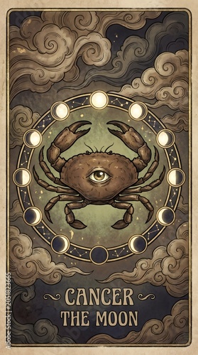 Mystical Cancer Zodiac Sign Illustration Featuring a Single Eyed Crab with Moon Phases and Celestial Clouds