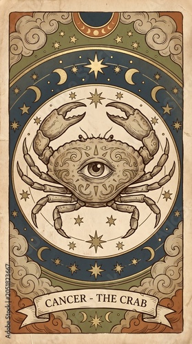 Mystical Tarot Card Style Illustration of Cancer the Crab Featuring a Third Eye with Celestial Moon and Star Symbols