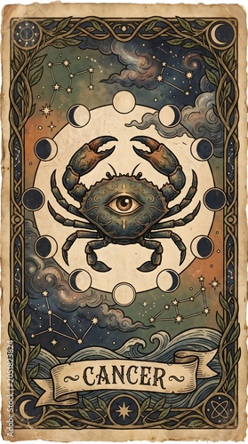 Vintage Cancer zodiac tarot card featuring mystical crab, moon phases, and celestial elements in a night sky illustration