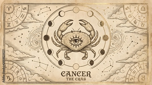 Cancer Zodiac Sign with Mystical Eye and Lunar Phases - Astrology and Horoscope Symbolism
