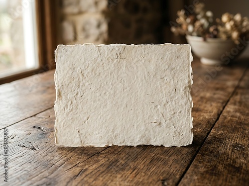 Handmade Textured Paper Mockup on a Rustic Wooden Table