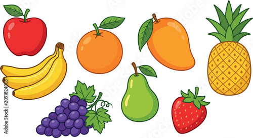 Colorful Flat Vector Illustration of Fresh Fruits Including Apple Banana Orange Mango Pineapple Grapes Pear and Strawberry
