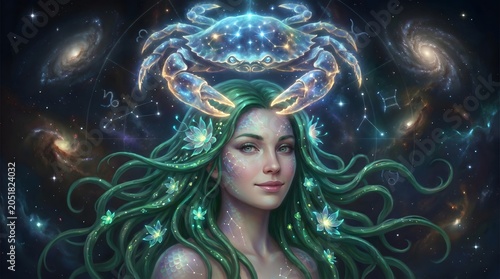 Cancer Zodiac Woman with Cosmic Crab Constellation Crown and Galaxy Hair, Astrological Celestial Portrait