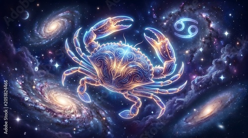 Celestial Cancer Zodiac Sign Crab Floating in Deep Space with Glowing Galaxies and Sparkling Stars