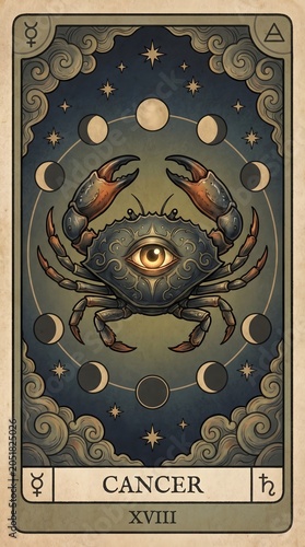 Mystical Cancer Zodiac Tarot Card Illustration featuring a Crab with Third Eye and Moon Phases