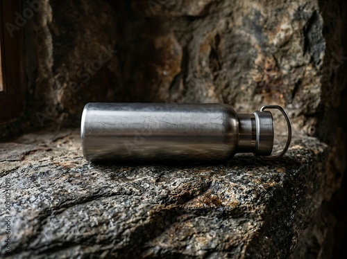 Stainless Steel Water Bottle Lying on a Rustic Stone Ledge