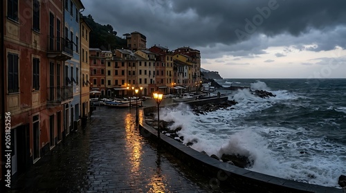 Dramatic stormy evening view of the colorful coastal village of Vernazza in Italy.