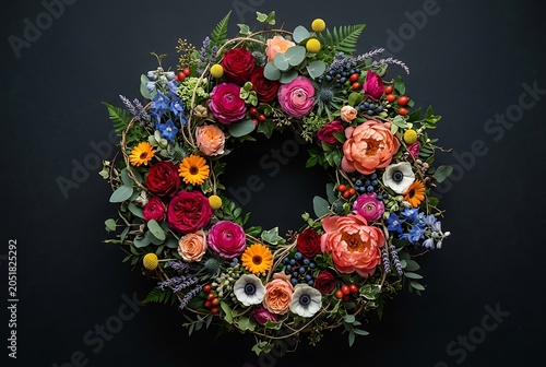Vibrant Colorful Floral Wreath Arrangement on Dark Background