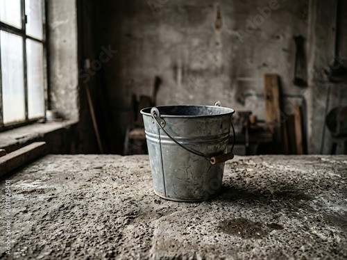 vintage galvanized metal bucket on a rough stone table in a rustic workshop