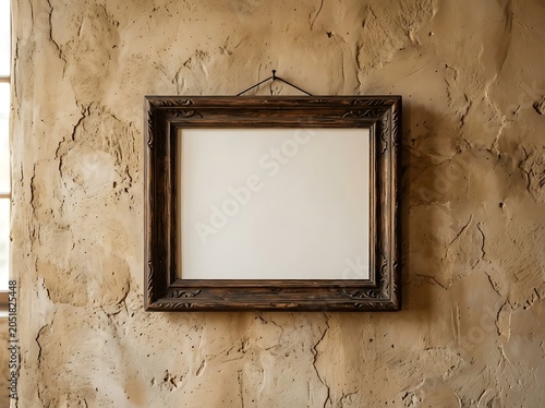 Vintage Ornate Wooden Picture Frame Mockup on Rustic Textured Wall