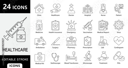 Medical Healthcare Line Icons Set – Hospital, Doctor, Pharmacy, medicine, ambulance, clinic and Emergency Vector Collection
