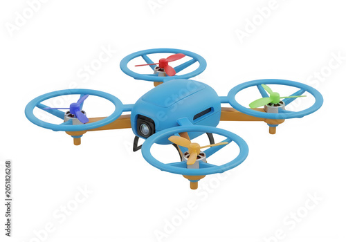Small blue toy drone with colorful propellers isolated on transparent background
