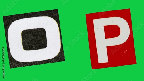 Stop Motion graphic Alphabet letter O P magazine paper cut collage, ransom note style text, additional video elements on green screen