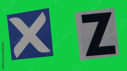 Stop Motion graphic Alphabet letter X Z magazine paper cut collage, ransom note style text, additional video elements on green screen