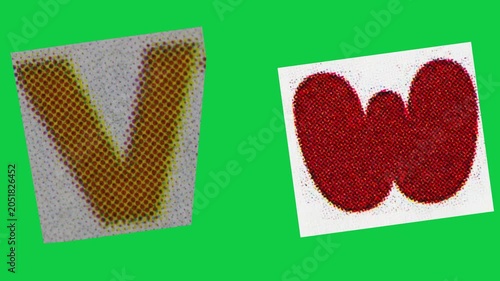 Stop Motion graphic Alphabet letter V W magazine paper cut collage, ransom note style text, additional video elements on green screen
