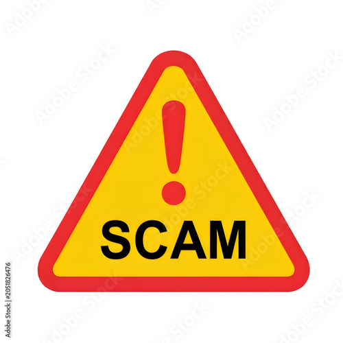 Yellow warning triangle sign with scam alert text and icon isolated on transparent background